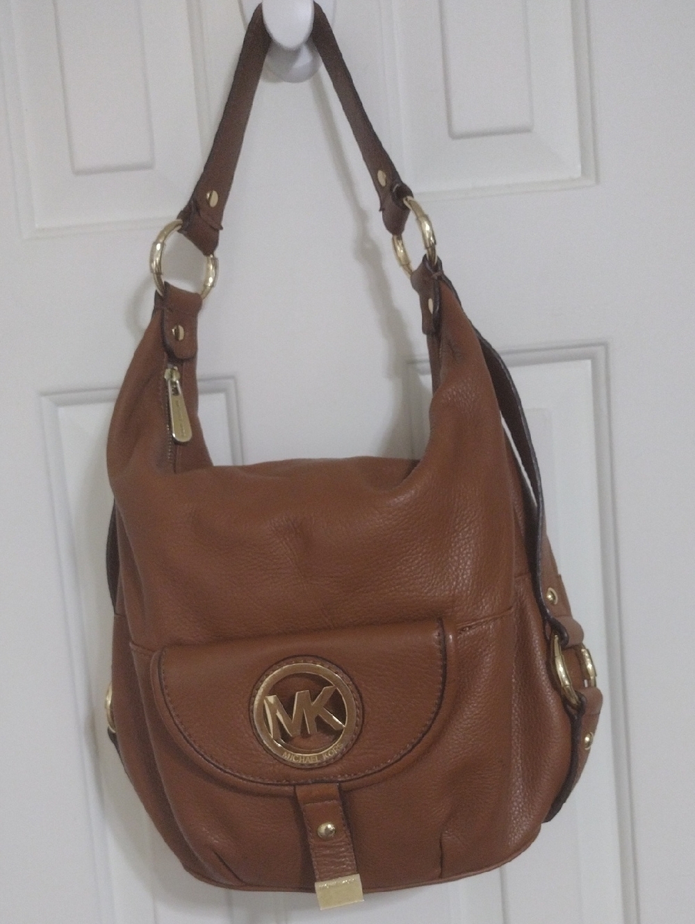 Michael Kors Cognac Pebbled Leather Shoulder Bag with Gold Logo